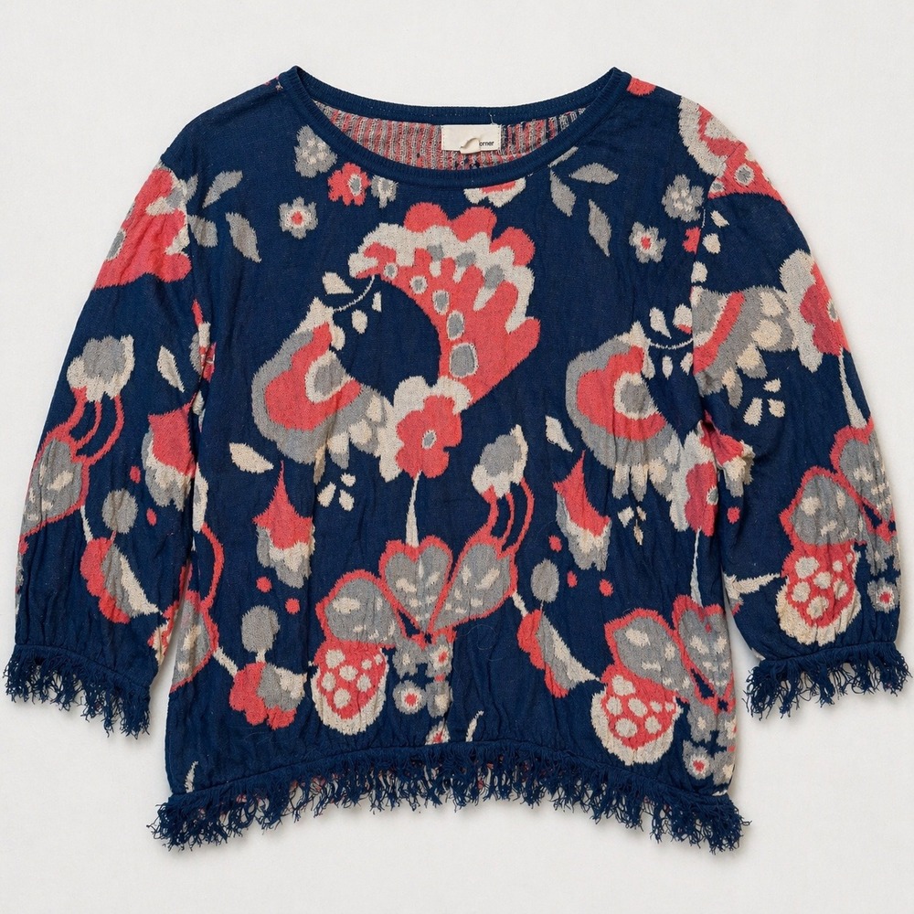 Anthropologie The Korner Boho Blue Coral Ikat Fringe Western Knit Sweater sz S/M